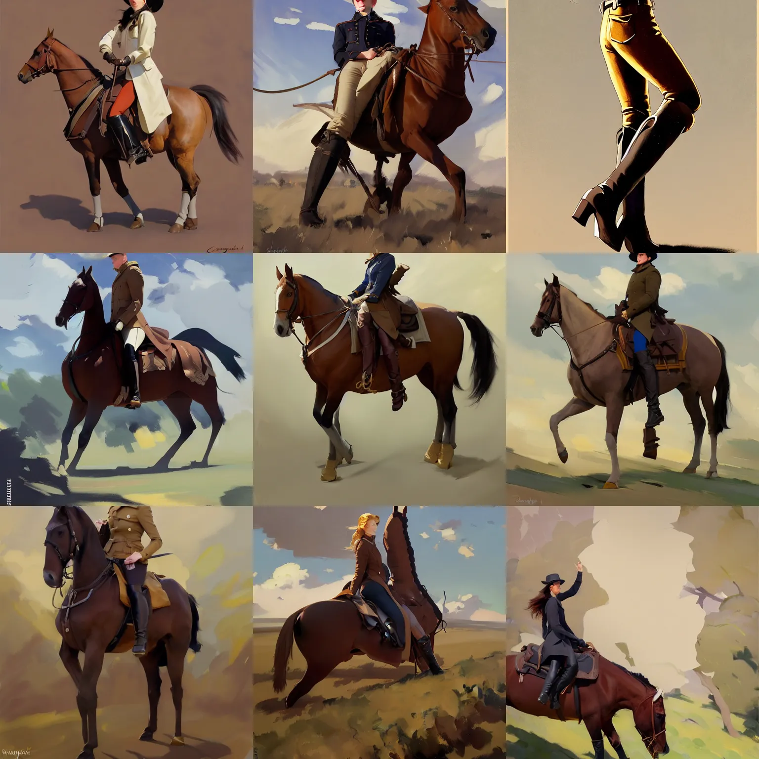 Prompt: cloth fabric jodhpurs knee high boots travel coat fashion, riding horse, greg manchess painting by sargent and leyendecker, studio ghibli, rhads, fantasy, medium shot, asymmetrical, intricate, elegant, matte painting, illustration, hearthstone, by greg rutkowski, by greg tocchini, by james gilleard, by joe fenton