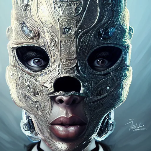 Image similar to Very very very very highly detailed epic photo of full face with scary venetian mask, intricate, dystopian, sci-fi, extremely detailed, digital painting, artstation, concept art, smooth, sharp focus, illustration, intimidating lighting, incredible art by Artgerm and Vincent di Fate