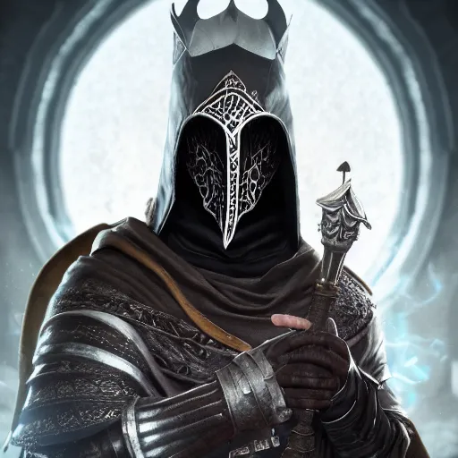 Image similar to a digital art close up portrait of hooded bard with porcelain mask in style of dark souls character, handsome warlock with magic character sheet, 4 k, ultra detail, volumetric lighting, unreal engine, octane render, grimdark
