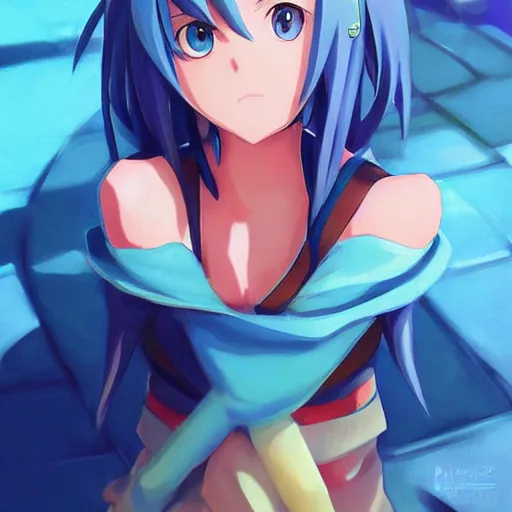 Image similar to aqua from konosuba, painting, cool color palette, refreshing, soft lighting, by hayao myazaki, by wlop