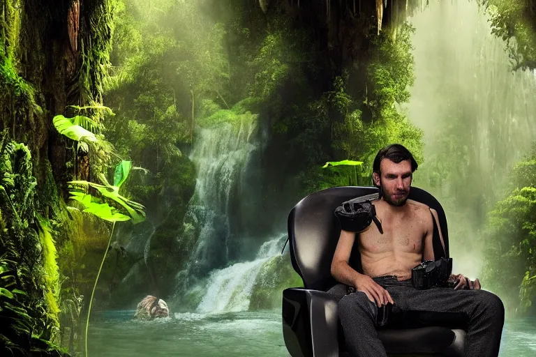 Image similar to movie closeup young man with a grey beard in a cyberpunk suit sitting on a futuristic chair at the edge of a jungle waterfall by emmanuel lubezki