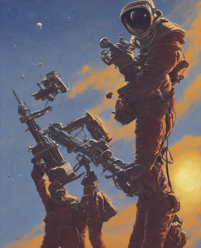 Image similar to a painting of a spaceman holding a rifle, concept art by michael whelan and tim white and vincent di fate, featured on deviantart, space art, concept art, sci - fi, cosmic horror