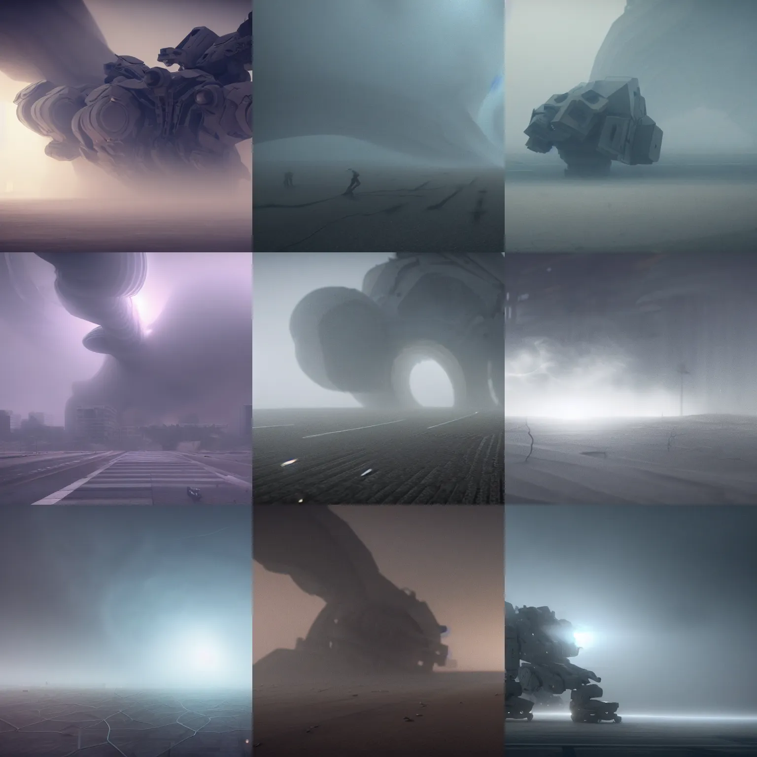 Prompt: massive interwoven gray sandstorm swirling, rotating, spinning whirlwind, intertwined a dissolving, disappearing humanoid mech armored core. smog. particles. octane render. 8 k. dark atmospheric. cinematic. spectacular. sense of awe. debris. mist. strong winds. super slow motion.