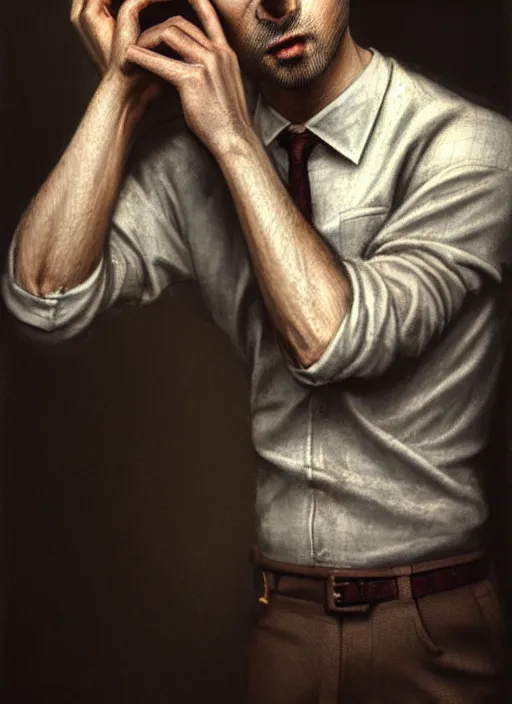 Image similar to male surgeon, brown hair, khakis, plaid shirt, gothic, moody, noir, intricate, elegant, highly detailed, lifelike, photorealistic, digital painting, artstation, illustration, concept art, smooth, sharp focus, art by John Collier and Albert Aublet and James jean and Brian froud and ross tran and Artem Demura and Alphonse Mucha