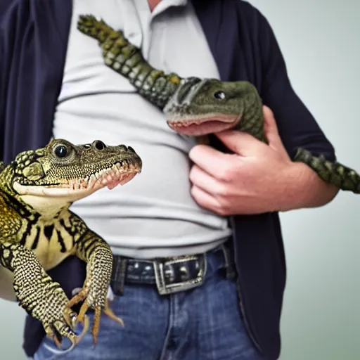 Prompt: photo of a man holding a baby crocodile