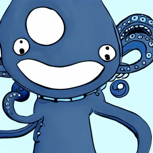 Image similar to character design of an adorable baby faced alien with tentacles on the sides of it's mouth, blue, tiny horns