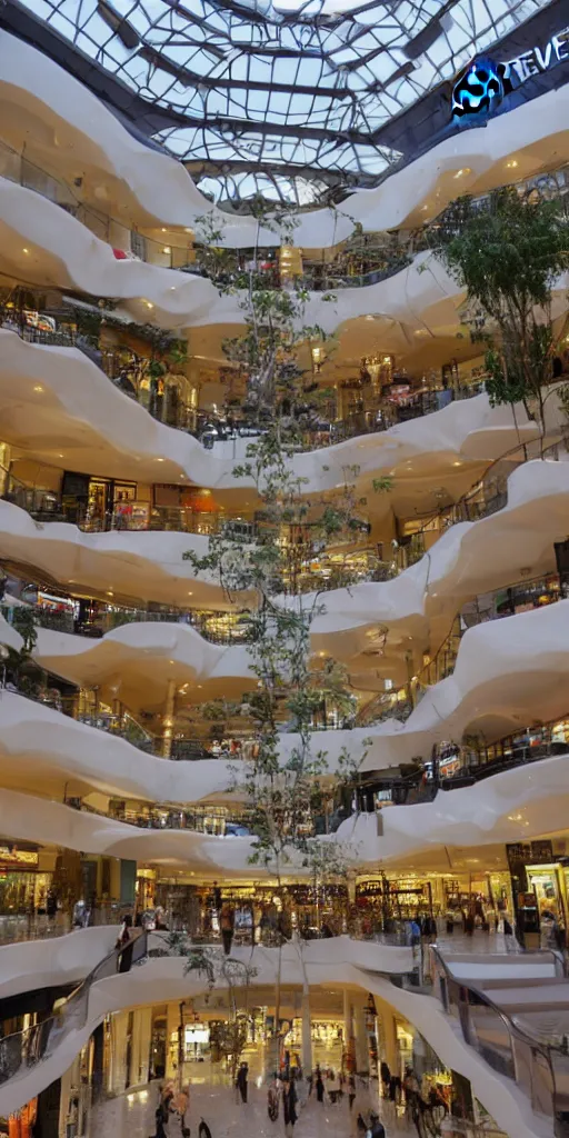 Image similar to interior of the luxery shopping mall in the rainforest river city in the negev desert