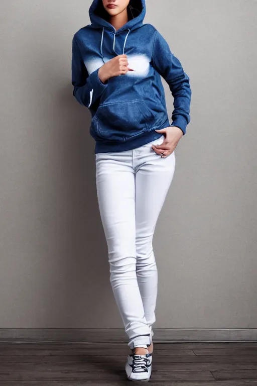 Image similar to full - body shot female fashion model wearing jeans and hoodie on white background for ecommerce