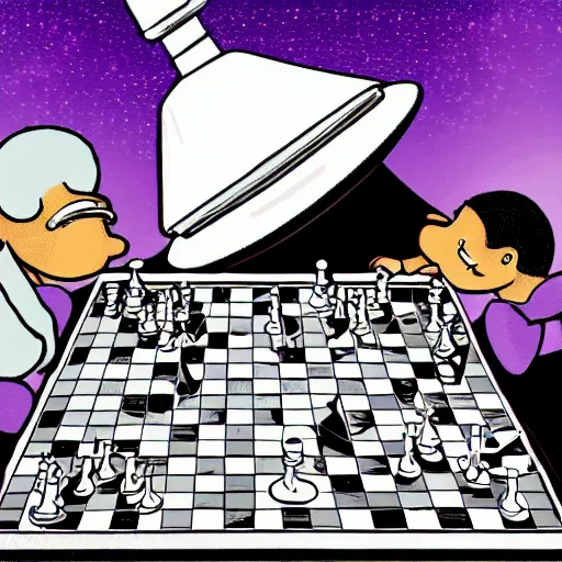 Prompt: cartoon image of a giant in a tinfoil hat playing chess with aliens