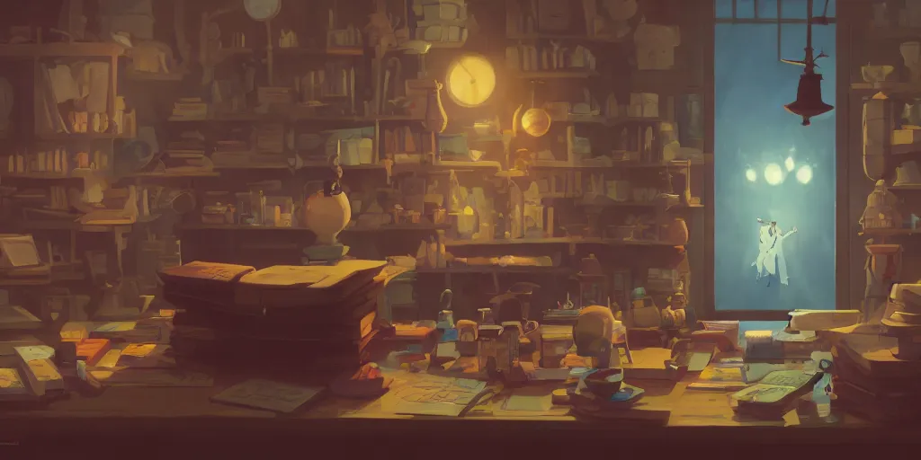 Image similar to magician's workshop, detailed, potions, scrolls, arcane books, cory loftis, james gilleard, atey ghailan, makoto shinkai, goro fujita, studio ghibli, rim light, exquisite lighting, clear focus, very coherent, plain background, soft painting