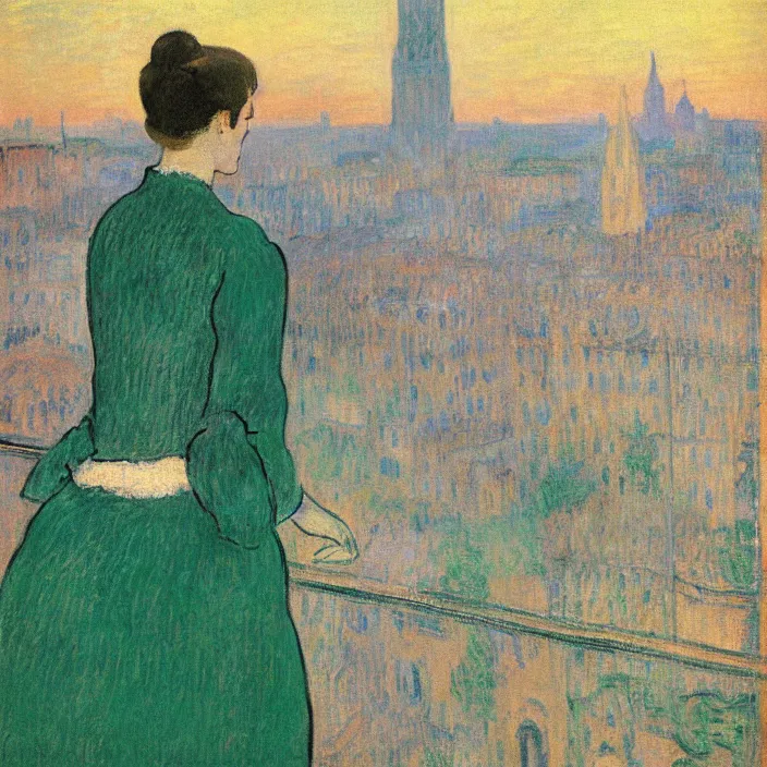 Prompt: woman in green dress with city with cathedral seen from a window frame at sunset. fuzzy white cat. monet, henri de toulouse - lautrec, utamaro, matisse, felix vallotton