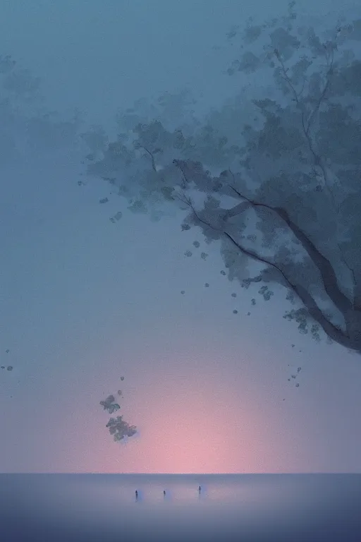 Image similar to misty fog over a lake at night, land in the distance, cherry blossoms, illustration, light beams, simple, minimalist, digital art, oil painting, fantasy, 8 k, trending on artstation, detailed