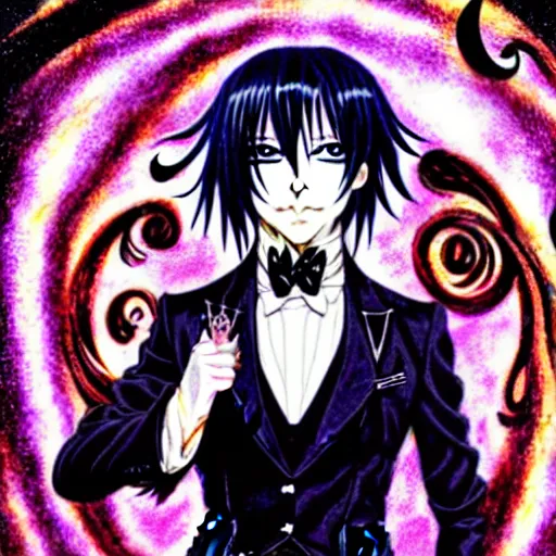 Prompt: black butler, anime, standing against a background of swirling colour, art by yana toboso