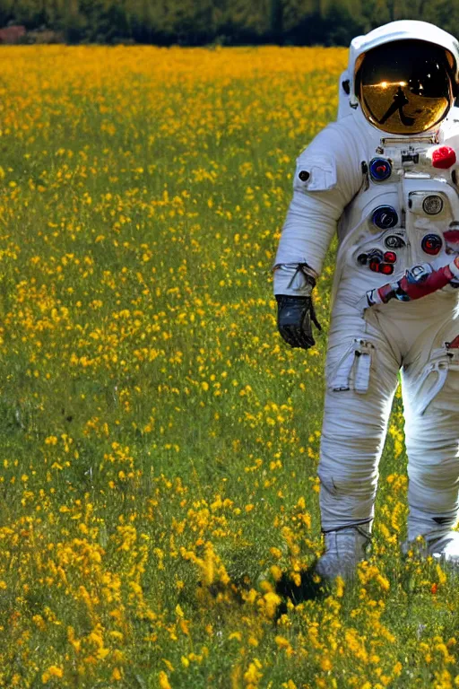 Image similar to The astronaut's back, next to it was a meadow full of bright flowers, bright，8K