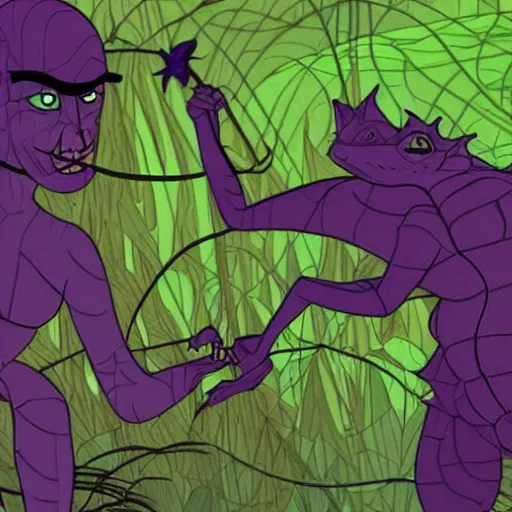 Prompt: a giant bat deep purple and green vines, swamp, genndy tartakovsky, primal, studio la cachette, scary lighting