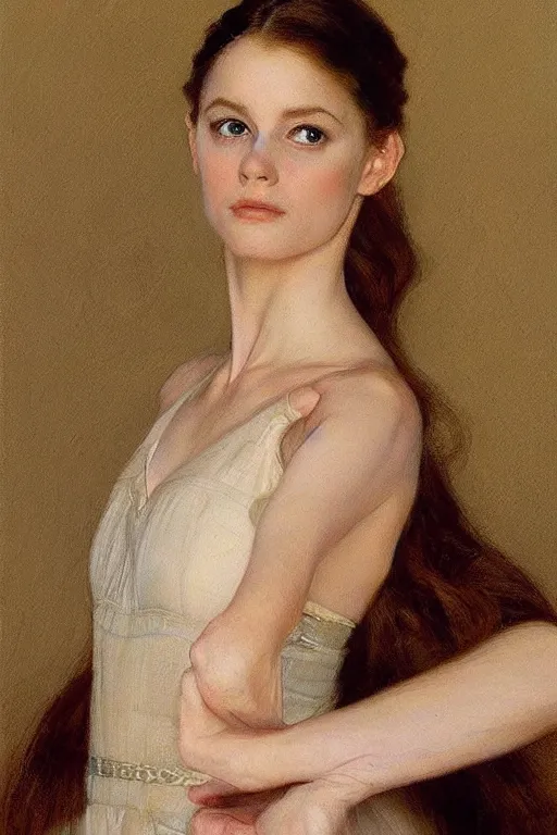 Image similar to portrait of a gorgeous graceful young irish prima ballerina, by donato giancola and berthold woltze.