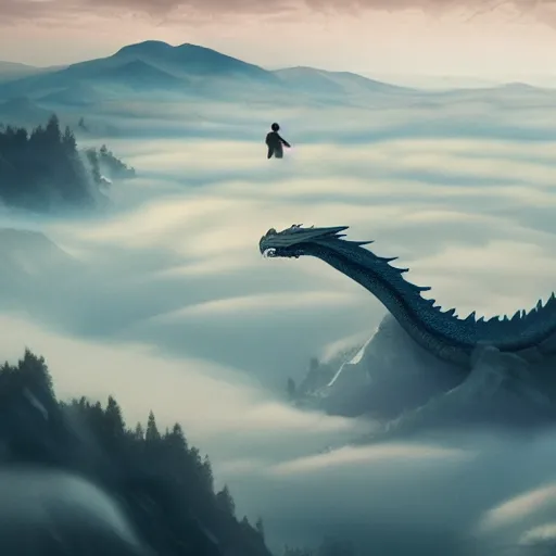 Prompt: wanderer above the sea of fog but there's a dragon