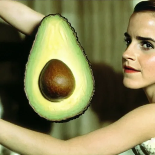 Image similar to an avocado in the role of emma watson, cinematography by stanley kubrick