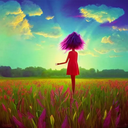 Image similar to giant gladiola flower as head, full body girl standing in a flower field, surreal photography, sunrise, dramatic light, impressionist painting, colorful clouds, digital painting, artstation, simon stalenhag