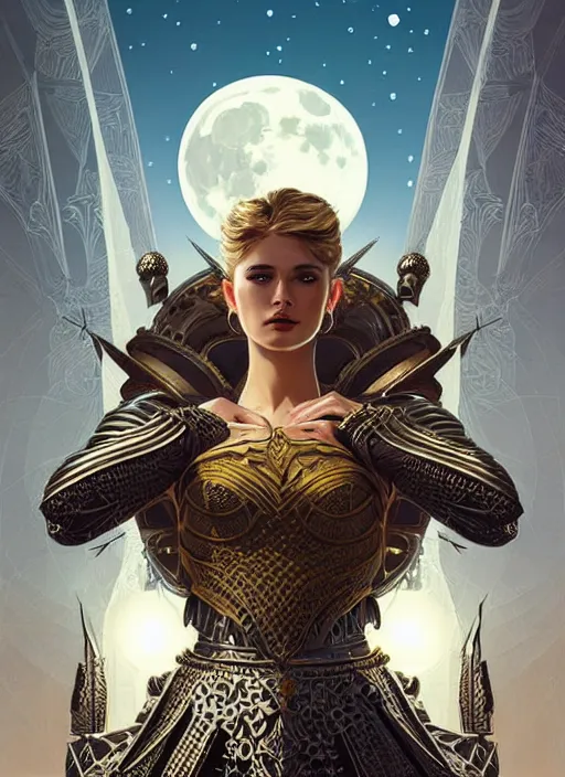 Image similar to high vector, book cover!!!!!!!!!!!!, warrior princess in intricate plate armour, large moon, light night, intricate, elegant, sharp focus, illustration, highly detailed, digital painting, concept art, matte, art by wlop and artgerm and ivan shishkin and andrey shishkin, masterpiece