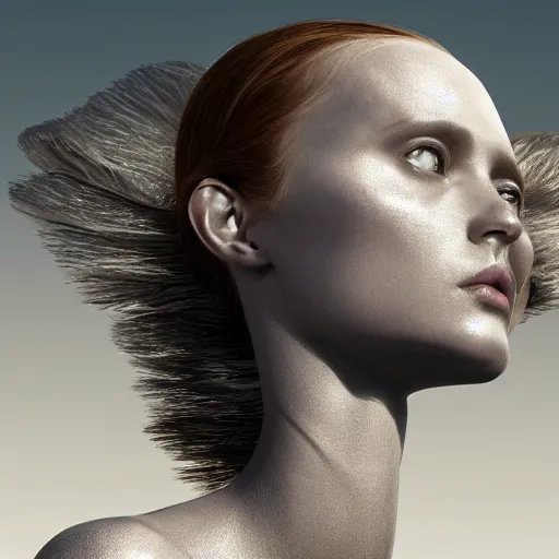 Image similar to A young beautiful female angelic-extraterrestrial-cyborg face with a very long neck, big clear eyes, thin nose, big lips, hair floating in the wind, Realistic, Refined, Digital Art, Pre-Raphaelite, Highly Detailed, Cinematic Lighting, rim light, black and white, photo-realistic Unreal Engine, 8K