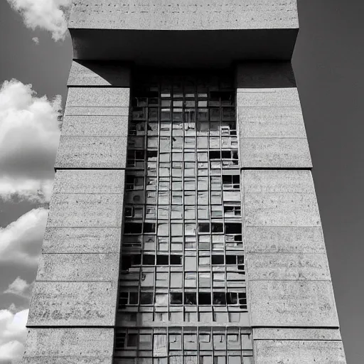 Image similar to a giant brutalist tower built in brutalist architecture, diverse unique building geometry full of shapes and corners, with a smaller base than the top of the tower, slowly growing in width as we get higher