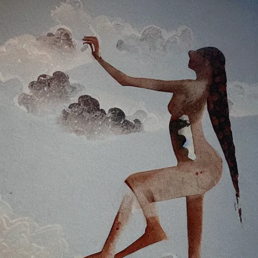 Prompt: proto indoeuropean paint carvings of photographic evidence of a beautiful woman model in a mystifying cloudfields. agi inc ink award winning photography with paint.