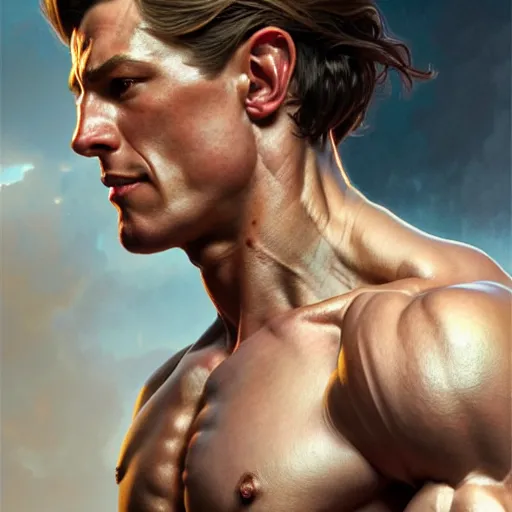 Prompt: painting of muscular male, ultra realistic, studio light, white background, concept art, intricate details, highly detailed, photorealistic, octane render, 8 k, unreal engine. art by artgerm and greg rutkowski and magali villeneuve and alphonse mucha