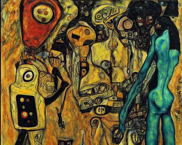 Image similar to a painting of a aliens and robots by graham sutherland, egon schiele, gustav klimt!, expressionism