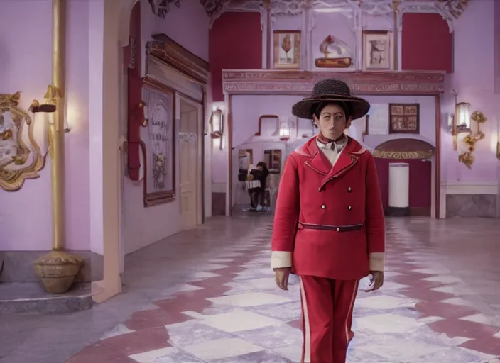 Prompt: a film still of cosplay of luffy in the grand budapest hotel ( 2 0 1 4 ), 4 k