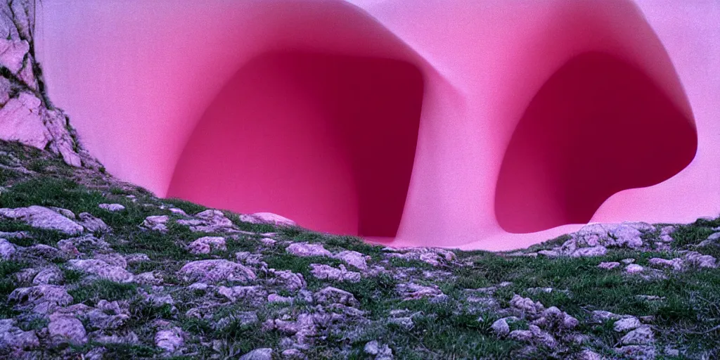 Image similar to a strange huge translucent pvc inflated organic architecture building with pink fluffy fur inside by anish kapoor sits in the rock mountains, film still from the movie directed by denis villeneuve with art direction by zdzisław beksinski, close up, telephoto lens, shallow depth of field