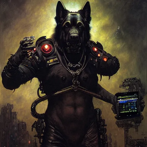 Image similar to a portrait of a black german shepard orc dogman canine neuromancer with human eyes serious looking holding computer console. shadowrun cyberpunk fantasy d & d highly detailed painting by gaston bussiere craig mullins jc leyendecker gustav klimt artgerm greg rutkowski