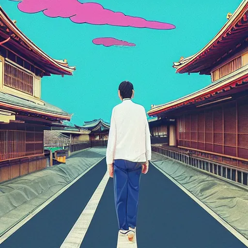 Image similar to a man walking on clouds away from the camera above kyoto by takashi murakami, beeple and james jean, aya takano color style, 4 k, super detailed, modern, 4 k, symmetrical