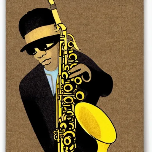 Image similar to saxophone player in a jazz cafe in tokyo by bernie wrightson