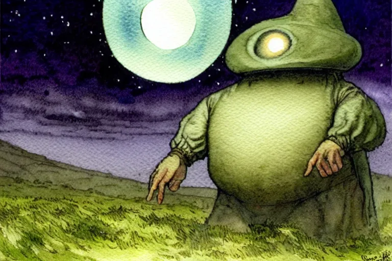 Prompt: a realistic and atmospheric watercolour fantasy character concept art portrait of a short fat chibi grey alien emerging from the mist on the moors of ireland at night. a ufo is in the sky. by rebecca guay, michael kaluta, charles vess and jean moebius giraud