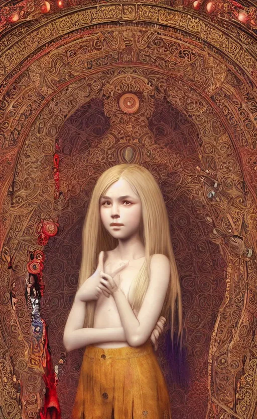 Prompt: full body shot of a young girl with blond twin tail hair and red eyes standing in front of a tapestry, ultra realistic, concept art, intricate details, eerie, highly detailed, photorealistic, octane render, 8 k, unreal engine, art by artgerm and greg rutkowski and alphonse mucha