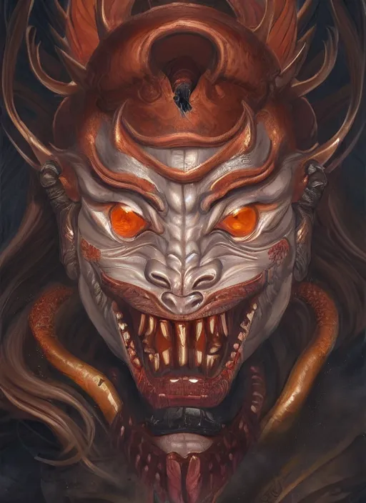 Prompt: a beautiful detailed oil on copper art illustration of a oni hannya mask shogun dragon devil woman, centered, by charlie bowater, zeng fanzh, trending on artstation, dim dusk lighting, cinematic lighting, detailed lighting, volumetric lighting, realistic, f 8, 4 k hd wallpaper