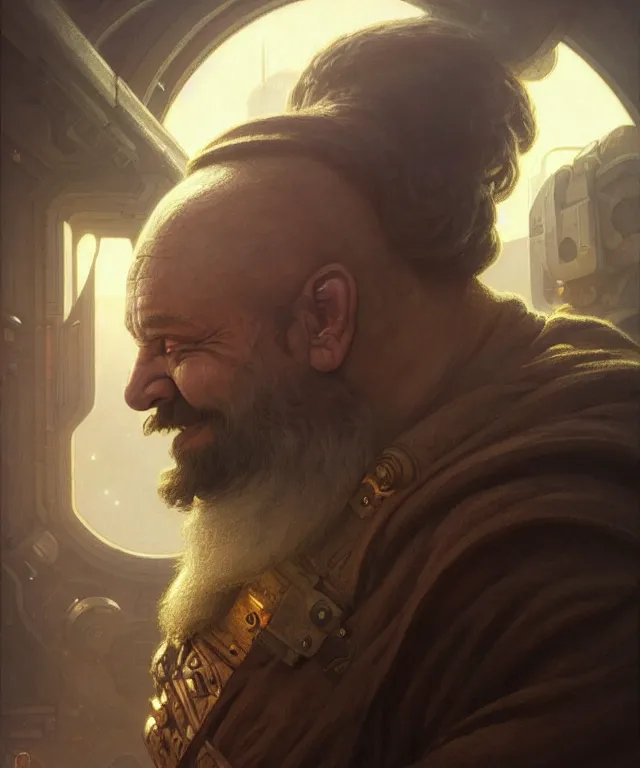 Image similar to Dwarven Man in spacecraft loading bay, portrait, face, smiling, dark hair, dark skin, sci-fi, intricate, elegant, highly detailed, digital painting, artstation, concept art, smooth, sharp focus, illustration, art by artgerm and greg rutkowski and alphonse mucha