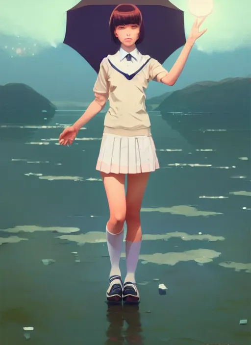 Image similar to full body beautiful and cute and aesthetic school girl greeting, very slightly smiling, wave a hand at the camera, perfect face, symmetric eyes, sharp focus, specular reflection, occlusion shadow, artstation, by ilya kuvshinov and jeremy lipking and quentin mabille, light novel cover art, 3 d epic illustrations, symmetric body