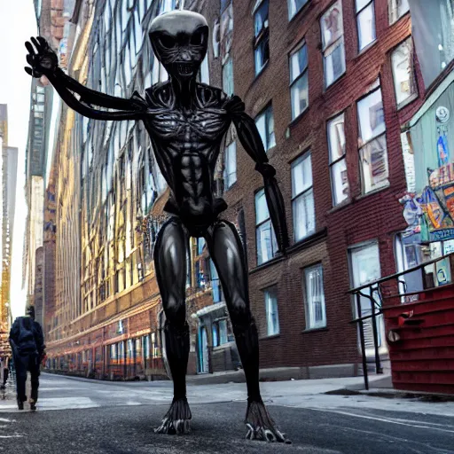 Image similar to an 8 k super hi res hdr realistic humanoid alien walking down a street in brooklyn