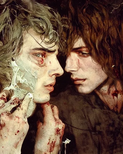 Image similar to two handsome but creepy siblings in layers of fear, with haunted eyes and wild hair, 1 9 7 0 s, seventies, wallpaper, a little blood, moonlight showing injuries, delicate embellishments, painterly, offset printing technique, by coby whitmore, jules bastien - lepage