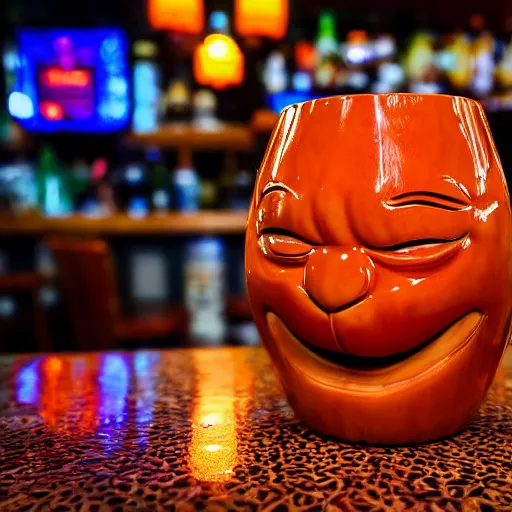 Prompt: a closeup photorealistic photograph of a glossy orange cat garfield style tiki mug sitting at a trader vic's bar featuring garfield's face. tiki party. bright scene. fine detail. this 4 k hd image is trending on artstation, featured on behance, well - rendered, extra crisp, features intricate detail, epic composition and the style of unreal engine.