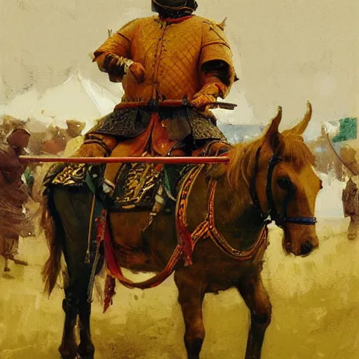 Image similar to portrait of man wearing chinmail and gambeson holding jousting lance, horse is wearing caparisons, by greg manchess, bernie fuchs, ruan jia