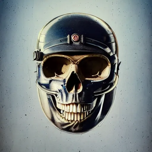 Image similar to a portrait of an anthropomorphic vintage skull in a racing helmet by sandra chevrier, detailed render, epic composition, cybernetics, 4 k realistic, cryengine, realistic shaded lighting, sharp focus, masterpiece, by matteo scalera, gary montalbano, peter elson in the style of the tokyo ghost comic