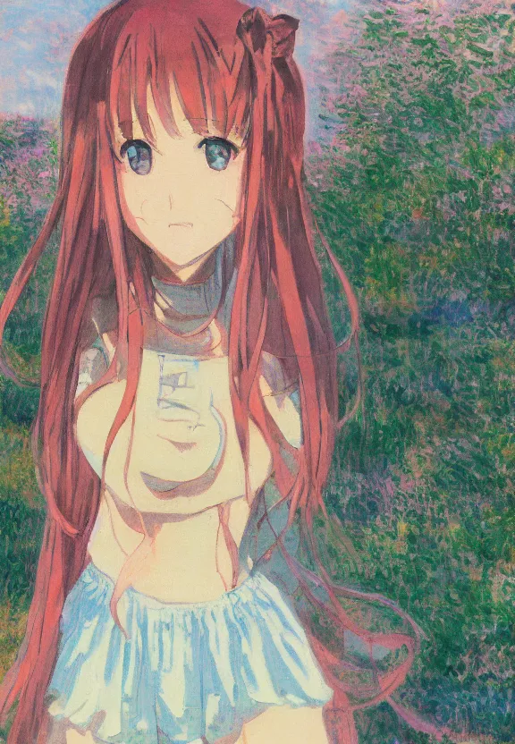 Image similar to wide angle portrait of a teenage girl, a thrifty outfit, very anime in impressionist style, city background, anime trending artwork, anime painter studio, by claude monet