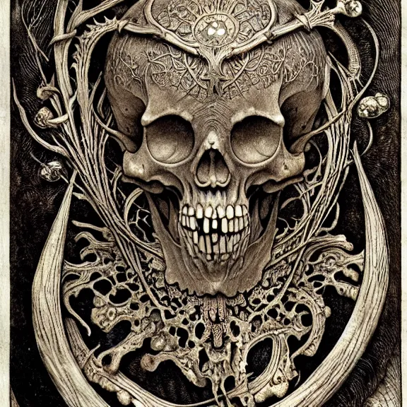 Image similar to memento mori by arthur rackham, art forms of nature by ernst haeckel, exquisitely detailed, art nouveau, gothic, ornately carved beautiful skull dominant, intricately carved antique bone, art nouveau botanicals, ornamental bone carvings, art forms of nature by ernst haeckel, horizontal symmetry, arthur rackham, ernst haeckel, symbolist, visionary