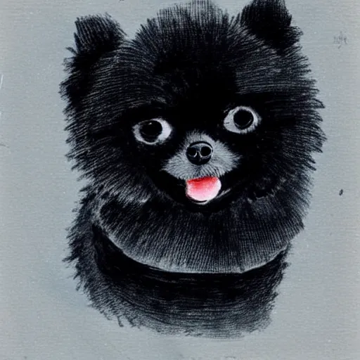 Image similar to a cute black robot pomeranian!!!. ( ( ( alcohol ink on parchment, muted colors, shading!!!, detailed, textured parchment background, 1 9 5 0 s concept art ) ) )
