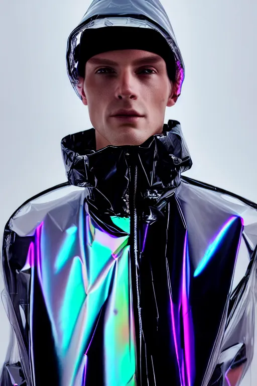 Image similar to an ultra high definition professional high fashion portrait studio full length photograph of a male model wearing a transparent pearlescent raincoat and neon visor in an icelandic black rock environment at dawn. no artefacts. extremely detailed. stark. refraction. shallow depth of field. volumetric light and shadow. ray tracing. light rays.