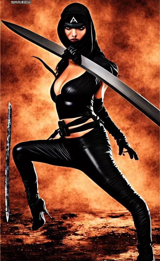 Prompt: ana de armas, ninja, assassin, crouching, black dress, katana, knife, dawn mcteigue, mirka andolfo, comic book, paperback cover, brian pulido, zenescope, ana de armas portrait