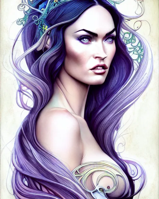 Image similar to new art nouveau portrait of fantasy goddess megan fox in the style of anna dittmann, patrick nagle, charlie bowater and loish. long windblown hair, very large, clear, expressive, and intelligent eyes. symmetrical, centered, ultrasharp focus, dramatic lighting, photorealistic digital matte painting, intricate ultra detailed background.